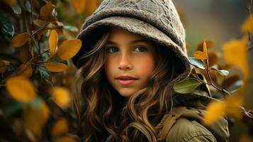 un joven niña vistiendo un sombrero y chaqueta en el otoño generativo ai foto