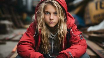 a young girl in a red jacket sitting on the ground generative ai photo