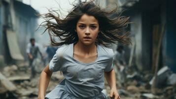 a young girl running through rubble in an urban area generative ai photo