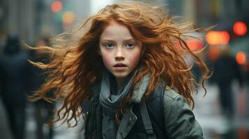 un joven niña con rojo pelo en pie en el medio de un ciudad calle generativo ai foto