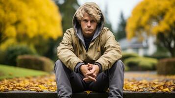 a young man sitting on the steps of a park in the fall generative ai photo