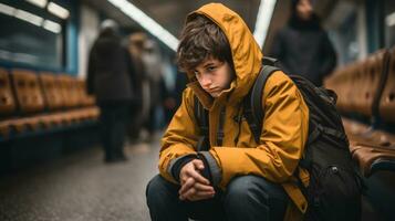 a young man in a yellow jacket sitting on a subway platform generative ai photo