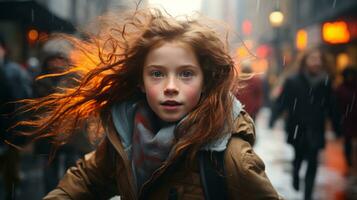 a young girl with red hair walking down the street in the rain generative ai photo