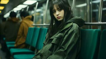 a young woman in a green jacket sitting on a train generative ai photo