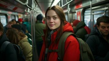 a young woman in a red coat on a subway generative ai photo