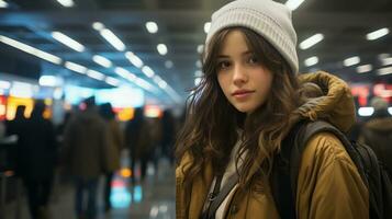 a young woman in a winter coat and beanie standing in an airport generative ai photo