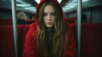 a young woman in a red hoodie sitting on a train generative ai photo