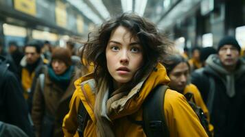a young woman in a yellow jacket standing in a crowded subway generative ai photo