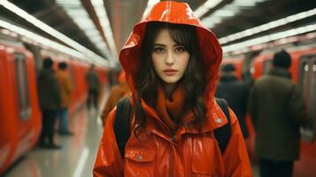 un joven mujer en un naranja impermeable en pie en frente de un subterraneo tren generativo ai foto