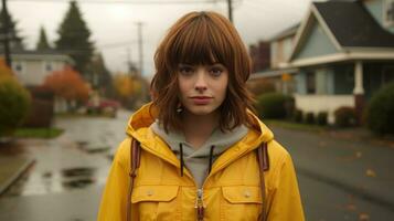 un joven mujer en un amarillo impermeable en pie en un calle generativo ai foto