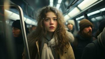 a young woman is on a subway train with many people around her generative ai photo