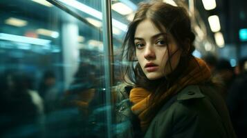a young woman is standing in front of a train window generative ai photo