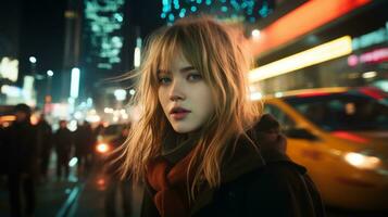 a young woman is standing in the middle of a city street at night photo