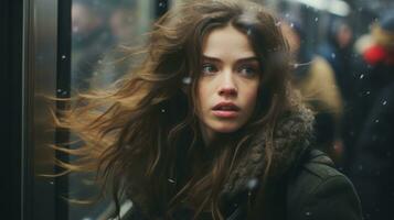 a young woman looking out the window of a subway train in the snow generative ai photo