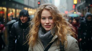 a young woman is walking down the street in the rain generative ai photo