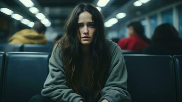 a young woman sitting on a bench in an empty train station generative ai photo