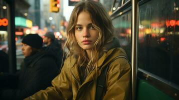 a young woman sitting on a bus in new york city generative ai photo