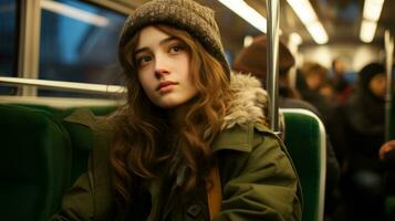 un joven mujer sentado en un autobús con su ojos cerrado foto