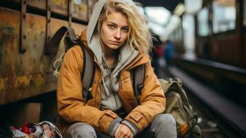 a young woman sitting on a train platform with her back to the camera generative ai photo