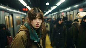 a young woman standing in a subway car with many people around her generative ai photo