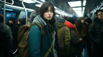 a young woman standing on a subway train photo