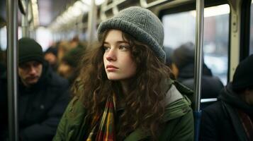 un joven mujer vistiendo un sombrero en un tren foto