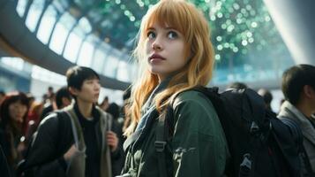 a young woman with a backpack standing in an airport photo