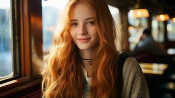 a young woman with long red hair sitting at a table generative ai photo