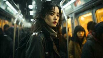 an asian woman on a subway in the rain generative ai photo