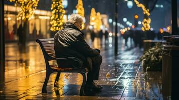 an elderly man sitting on a bench in the rain at night generative ai photo