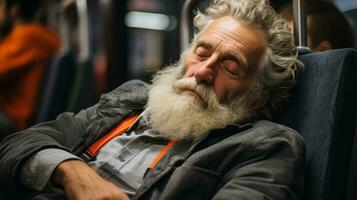 un antiguo hombre con un barba dormido en un autobús generativo ai foto