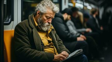 un antiguo hombre con un barba sentado en un subterraneo tren generativo ai foto