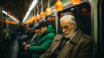 an older man sitting on a subway train generative ai photo