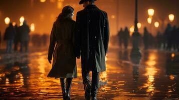 un hombre y mujer caminando en el lluvia a noche generativo ai foto