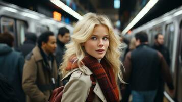 a beautiful blonde woman standing in front of a subway train generative ai photo