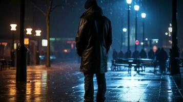 a man in a black coat standing on a wet street at night generative ai photo