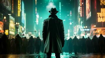 a man in a hat and coat stands in the middle of a city at night generative ai photo