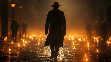 un hombre en un sombrero y Saco caminando mediante un mojado calle a noche generativo ai foto