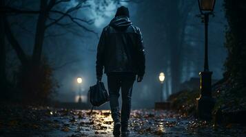 a man in a hooded jacket walking down a path at night generative ai photo