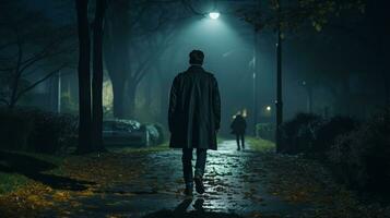 a man in a trench coat walks down a dark street at night generative ai photo