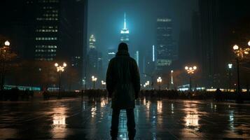 a man is standing in the middle of a city at night generative ai photo