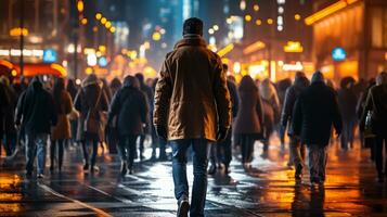 a man is walking down a city street at night generative ai photo