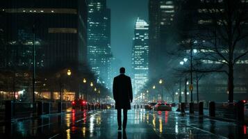 un hombre es caminando abajo un ciudad calle a noche generativo ai foto