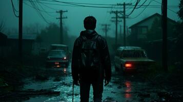 a man is walking down a dark street at night photo
