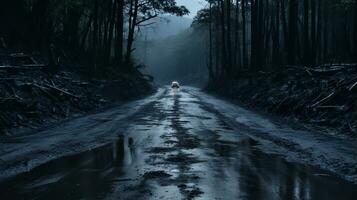 a man is walking down a muddy road in the middle of a forest generative ai photo