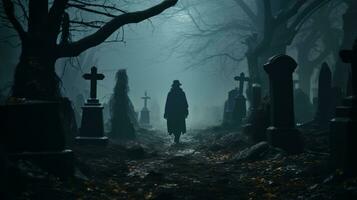 a man is walking through a graveyard at night generative ai photo
