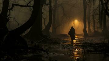 un hombre es caminando mediante el bosque a noche generativo ai foto