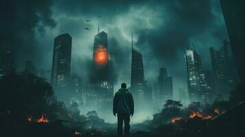 a man standing in front of a city at night generative ai photo