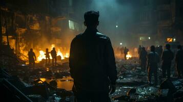 a man stands in the middle of a destroyed city at night generative ai photo