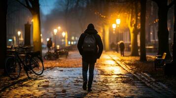 a person walking down a cobblestone street at night generative ai photo